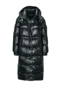 Schwarze Puffjacke mit glänzendem Finish, langer Schnitt, Kapuze, oversized Silhouette, gestepptes Design und Druckknopfverschlüsse.