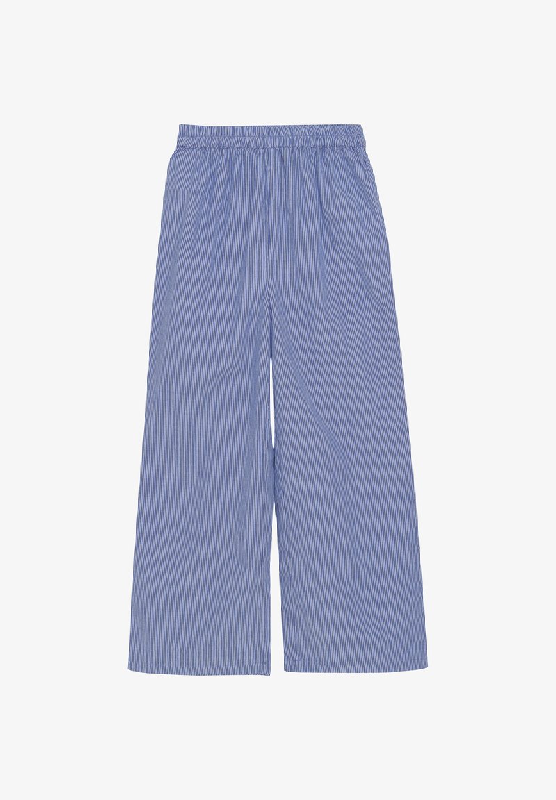 Blå och vita randiga vida byxor med resårmidja, tillverkade av lätt tyg, med avslappnad passform och vertikalt mönster.