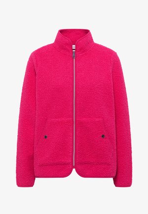 Veste polaire rose vif avec fermeture éclair complète à l'avant, deux poches à boutons-pression et un col montant.