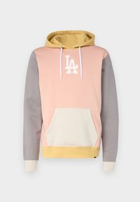 Sudadera a bloques de color en rosa, amarillo y gris. Presenta un bolsillo frontal, capucha con cordón y un logo blanco en el pecho. Material de mezcla de algodón.
