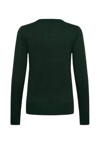 Pull vert foncé à manches longues avec ourlet, poignets et col rond côtelés, vu de dos sur fond blanc.