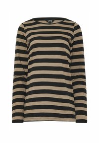 Långärmad topp i mjukt tyg med horisontella svarta och beige ränder, rund halsringning och avslappnad passform.