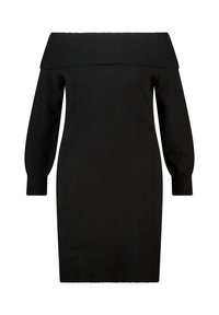 Zwarte gebreide jurk met een off-shoulder ontwerp, lange pofmouwen en geribbelde manchetten, wat een aansluitende silhouet creëert.