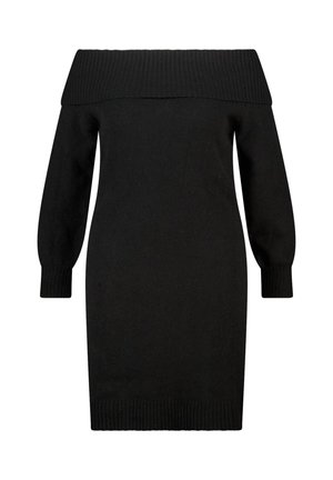 Robe noire en tricot avec une conception dénudée des épaules, des manches bouffantes longues et des poignets côtelés, créant une silhouette ajustée.