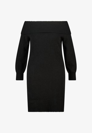 Zwarte gebreide jurk met een off-shoulder ontwerp, lange pofmouwen en geribbelde manchetten, wat een aansluitende silhouet creëert.