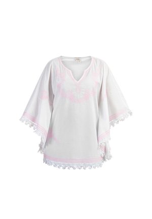 Tunique blanche avec broderies florales roses, décolleté en v, manches larges et dentelle le long de l'ourlet. Fabriquée à partir d'un tissu léger.