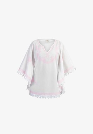 Biała tunika z różowym haftem kwiatowym, dekolt w serek, szerokie rękawy oraz koronkowe wykończenie u dołu. Wykonana z lekkiego materiału.