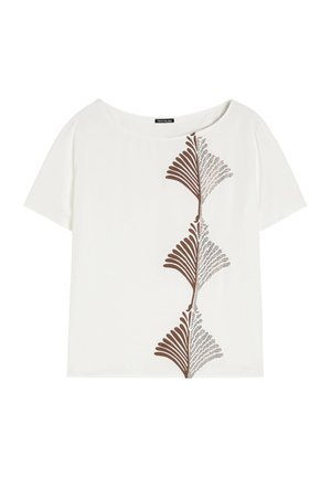 T-shirt bianco a maniche corte con un motivo floreale verticale marrone, caratterizzato da dettagli con linee lungo il centro. Tessuto morbido e liscio.