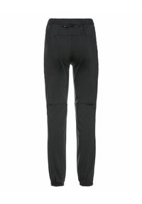 Schwarze Sporthosen mit einem elastischen Bund, schmal zulaufenden Beinen und einer Reißverschlusstasche auf der Rückseite; glatte Textur und leichtes Design.