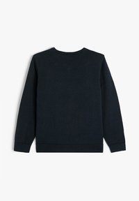 Un pull bleu marine foncé en tissu texturé, avec un col rond, des manches longues et des poignets et un ourlet côtelés. Vue arrière présentée.