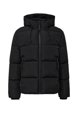 Črna podložena jakna z zadrgo spredaj, nastavljivo kapuco in stranskimi žepi. Ima prešito zasnovo in elastične manšete za dodatno toploto.