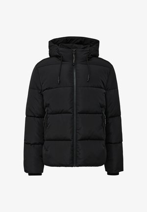 Czarna ocieplana kurtka z zamkiem z przodu, regulowanym kapturem i bocznymi kieszeniami. Posiada pikowaną strukturę oraz elastyczne mankiety, które zapewniają ciepło.