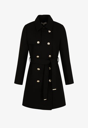 Cappotto di lana nero con un design doppiopetto, bottoni dorati, vita con cintura e colletto strutturato. Presenta tasche laterali e maniche lunghe.
