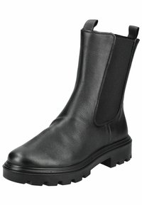 Botín negro de cuero con paneles laterales elásticos y suela de goma gruesa, con un acabado suave y tiradores para poner y quitar fácilmente.