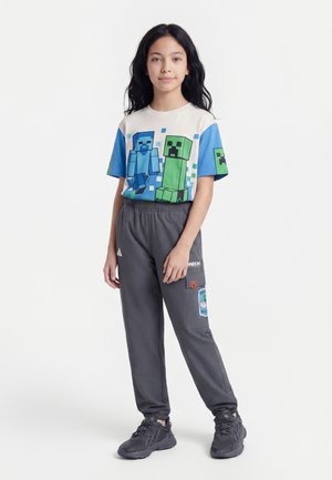 Dziewczynka ubrana w niebiesko-biały T-shirt z motywem Minecraft oraz ciemnoszare spodnie z łatami, stojąca na jednolitym białym tle.