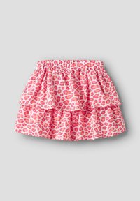 Jupe rose froncée présentant un motif léopard, avec une taille élastique et un design en couches pour plus de texture et de volume.