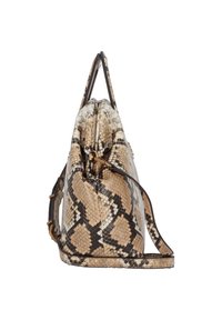 Sac à main à motif peau de serpent marron et beige avec un design structuré, doté d'une seule bandoulière et d'une finition texturée.