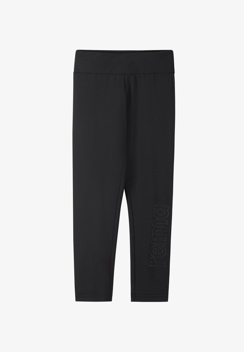 Leggings neri realizzati con un materiale elastico e una vita alta. Presentano il logo "reima" in rilievo sulla gamba sinistra. Texture liscia.