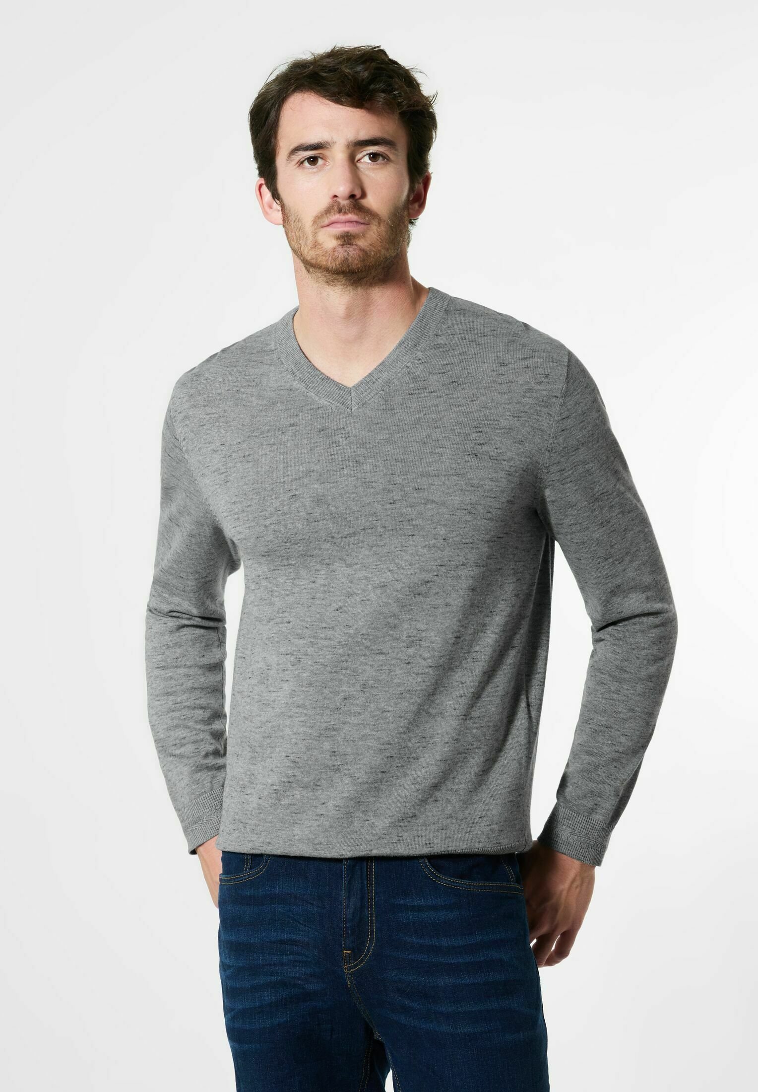 Denim Grauer Pullover V Ausschnitt PREMIUM Bouclé Pullover Mit V
