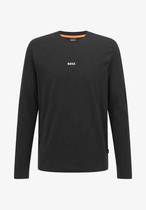 Black long-sleeve T-shirt made of cotton. Features a crew neckline and a small white "BOSS" logo on the chest. Smooth texture.