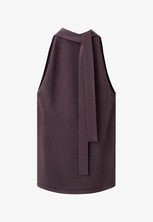 Sleeveless dark purple knit top with a high neckline and a long fabric tie detail draping down the front.