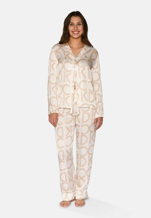 Pajamas made from soft fabric, featuring beige and light brown logo patterns. The set includes a button-up shirt and matching pants.
