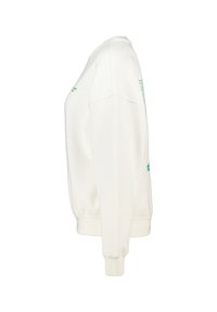 White sweatshirt with green text, crew neckline, ribbed cuffs and hem, soft fabric, dropped shoulder design, featuring printed accents.