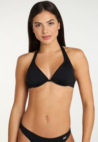 Black bikini set featuring a triangular top with halter neck straps and a matching low-rise bottom. Smooth texture with minimalistic design.