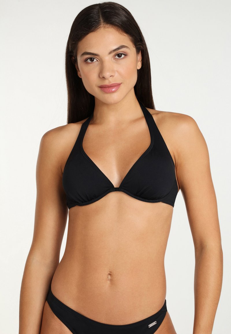 Black bikini set featuring a triangular top with halter neck straps and a matching low-rise bottom. Smooth texture with minimalistic design.