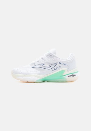 White athletic shoe with teal accents, branded “SLAM” and “REACTIVEBALL,” featuring textured sole and lace-up design against plain background.