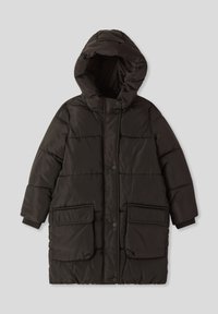 Czarna kurtka puchowa z kapturem, z pikowanym wzorem, dwoma przednimi kieszeniami i zatrzaskami z przodu. Gładka zewnętrzna powierzchnia.