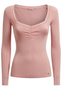 Žebrovaný top s dlouhými rukávy v jemně růžové barvě s výstřihem do U, předním řasením a přiléhavým střihem. Malé logo na lemu.