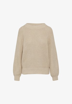 Beige gebreide trui met een ronde hals, lange mouwen en geribde mouwen. Heeft een gestructureerd patroon en een relaxte pasvorm.
