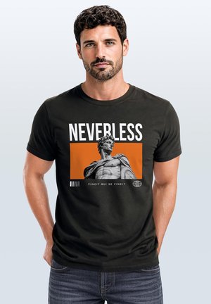 Man with short curly hair and beard wearing a black t-shirt with "NEVERTHELESS" and a statue image with orange background.