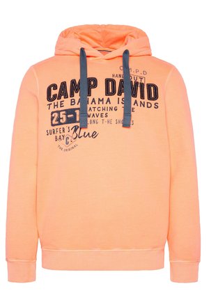 Orange pullover hoodie with a drawstring hood, featuring dark blue accents and printed graphics in black. Ribbed cuffs and hem.