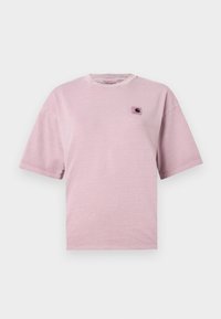 Short-sleeve pink t-shirt made of cotton, featuring a small logo patch on the chest. Round neck and relaxed fit design.
