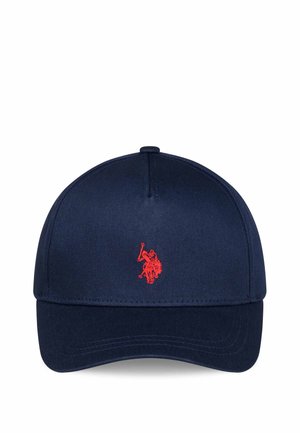 Navy blue baseball cap with a curved brim and small red embroidered figure holding a polo mallet on the front center.
