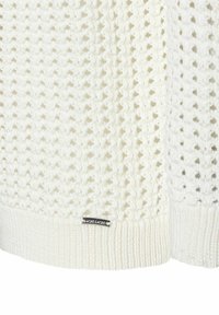 Witte gebreide trui met een open weefpatroon, geribbelde manchetten en een klein zwart label met "MORE & MORE" aan de zoom.