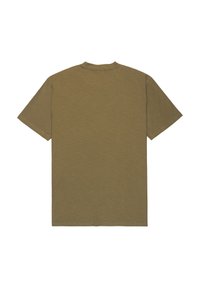 T-shirt à manches courtes vert olive avec un col rond, en tissu doux et texturé, avec une coupe décontractée standard.