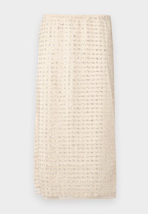 Falda beige con un patrón texturizado, con pequeños acentos plateados dispuestos en un diseño de cuadrícula. Cinturilla elástica para un ajuste cómodo.