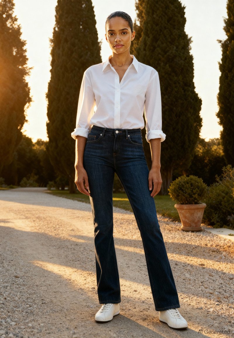 Camisa branca de algodão com botões combinada com jeans flare em denim azul escuro. A modelo usa sapatilhas brancas e está em um ambiente natural ao ar livre.
