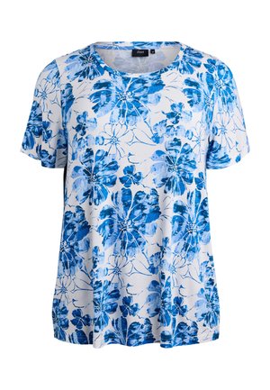Kortärmad t-shirt i vitt med blått blommönster. Mjuk, lättviktsmaterial med rund halsringning och avslappnad passform.