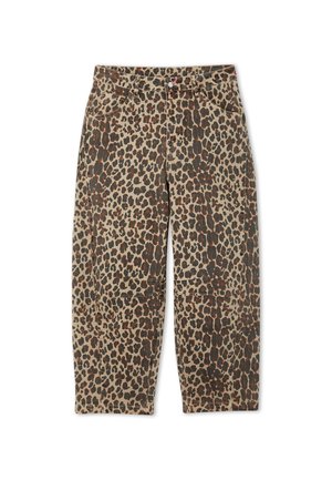 Pantaloni a vita alta con vestibilità ampia e motivo maculato marrone e nero, bottoni frontali, zip e tasche laterali.