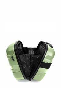 Lichtgroene harde koffer geopend, met zwarte stoffen interieurvakken en compartimenten met ritssluitingen.