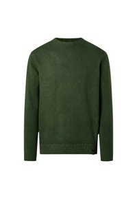 Maglione verde lavorato a maglia con maniche lunghe, collo rotondo, polsini e orlo a coste. Texture liscia, design minimale, presenta una piccola etichetta del marchio sull'orlo.