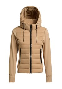 Beige polstret jakke med hætte, sort lynlås og to lynlåslommer. Ærmerne er glatte, og stoffet har en blød tekstur.
