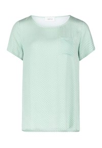 Mintgrünes kurzärmeliges T-Shirt mit einem diamantförmigen Muster und einer kleinen Brusttasche. Hergestellt aus leichtem, atmungsaktivem Material.