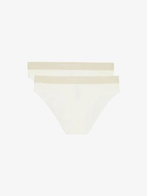 Vita bomullstrusser med en mjuk beige midjeband. Har en slät textur och enkel design, märkt "Marc O'Polo" på midjebandet.