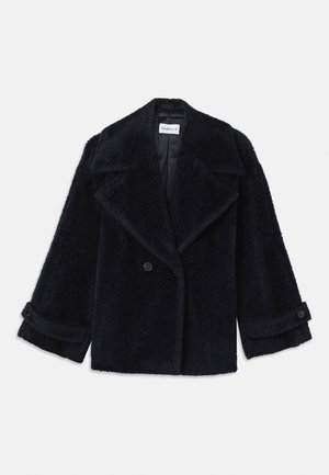 Schwarze Kunstpelz-Doppeltknopfjacke mit breiten Revers, geknöpften Manschetten und glattem Innenfutter.