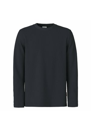Schwarzes Langarm-Shirt mit Rundhalsausschnitt, geradem Saum und kleinem Etikett an der linken Seitennaht.